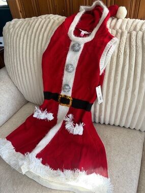 H&M Red Santa-Style Hooded Dress with White Trim and Gold Buckle